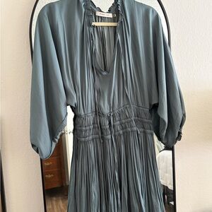 Pleated Slate Teal Women's Dress with Smocked Waist